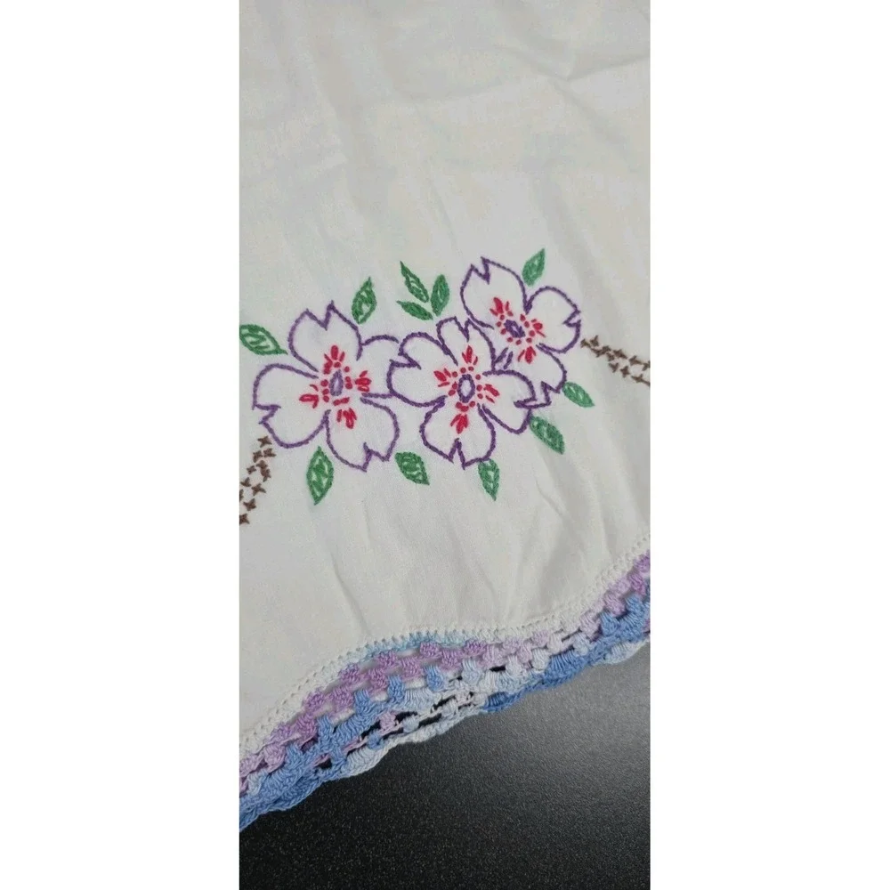 Vintage Pillowcase Hand Embroidery Crochet Trim Lavender 28x19 Cottage Boho Core
